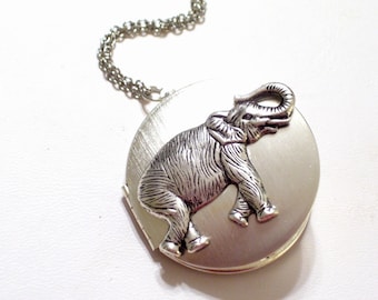 Silver Elephant Locket, Safari Locket, Large Round Silver Locket, Elephant Jewelry, Pachyderm Pendant, Silver Pendant Necklace