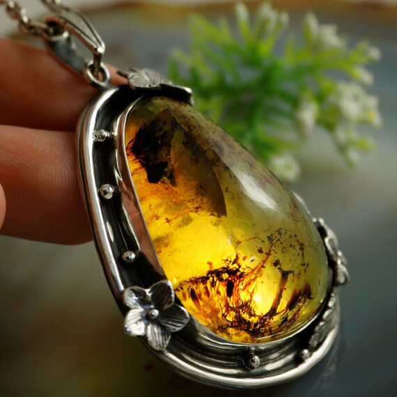 Amber Pendant Fossil Necklace Sterling Silver Jewelry by Izovella