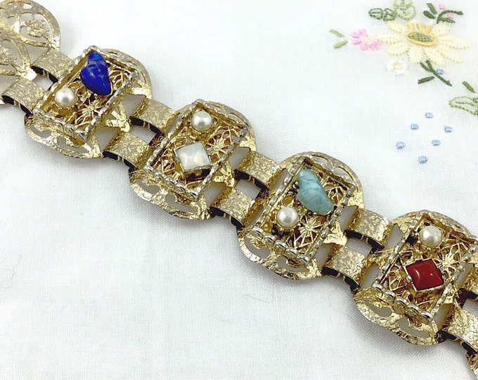 Jeweled vintage filigree bracelet, boho stone bracelet. Vintage Victorian style bracelet. Opal, lapis lazuli, coral, Quartz, bracelet