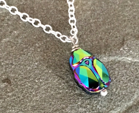 Swarovski Crystal Scarab Beetle Necklace Petite and Delicate