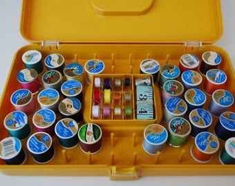 Thread box Vintage Yellow Sewing Box with Thread, Wilson Wil-Hold spools and sewing accessories