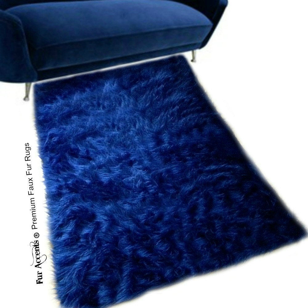 Faux Fur Sheepskin Rug Rectangle Shaggy Soft Navy Blue