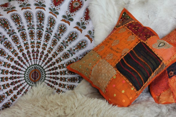 ORANGE SCATTER CUSHION- Indian Cushion- Sari Fabric- Vintage Pillow- Ethnic cushion- Bohemian Decor- Homeware- Bedding- Hippie Accessories