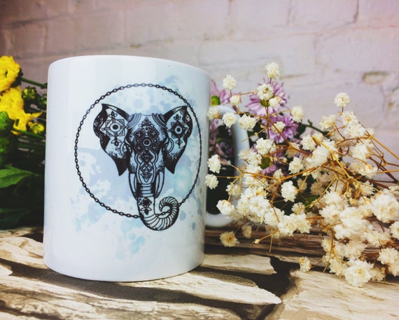 INDIAN ELEPHANT MUG- Elephant- Ganesh- Handmade- Coffee Mug- Tea Cup- Student- Yoga- Spiritual- Illustrated Mug- Hippie- Gift- Tie dye