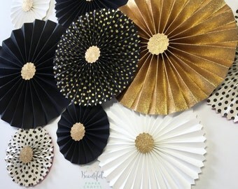 New Year's Eve Wedding Decor | Gold Glitter Rosettes | Black and Gold Rosette Backdrop | Black and White Graduation | Paper Fan Backdrop