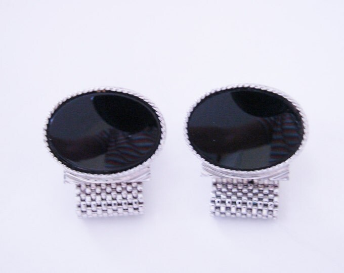 60s Retro Vintage Black Glass Silver Tone Mesh Wrap Cuff Links / Wedding / Mens Jewelry / Jewellery