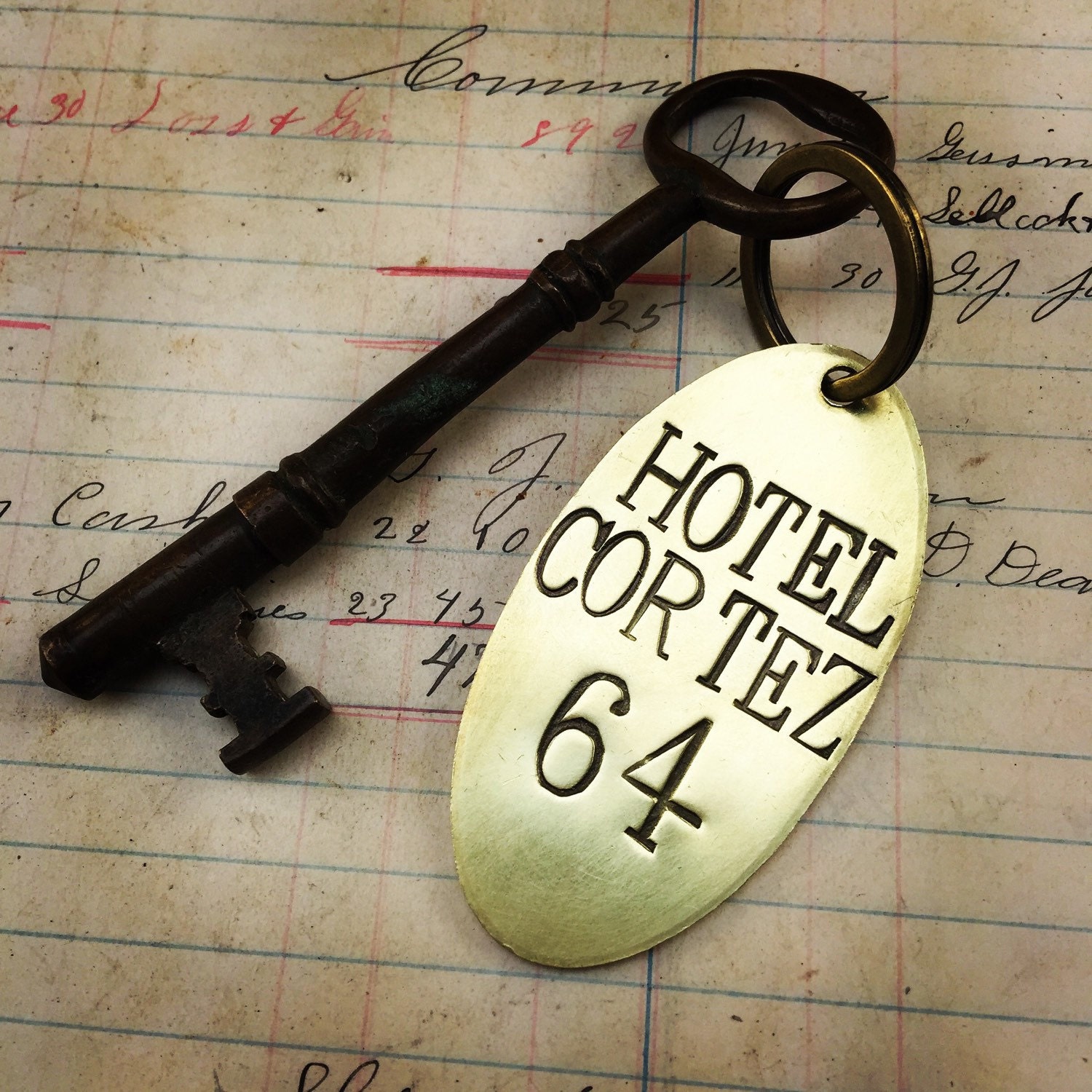 Custom hand stamped Hotel Room Key Tags brass key chain fob