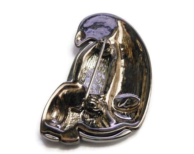 FREE SHIPPING Liz Claiborne penguin brooch, signed gunmetal grey shiny mother and child penguins, rhinestone eye in mother, stylized pin