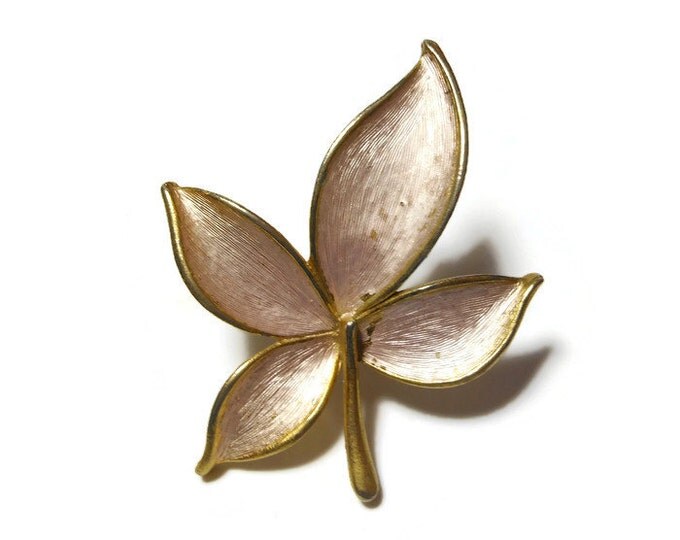 FREE SHIPPING JJ leaf brooch, Jonette Company, gold leaf pin, brushed silver enamel, signed figural pin