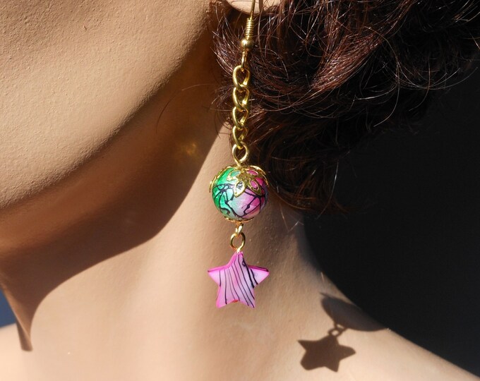 FREE SHIPPING Star earrings, handmade pink mother of pearl stars and pink and green painted glass beads dangle on a gold chain, french hooks