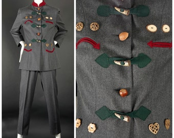 Vintage MOSCHINO "Nuts About You" Nut Buttons Facial Expression Bavarian Jacket Pants Suit