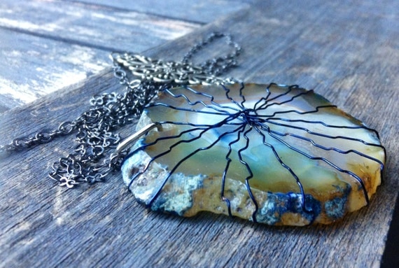Blue Geode Agate Slice Wire Wrapped Necklace