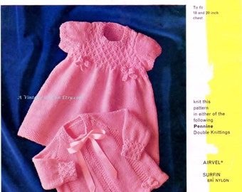 Baby Dk 8ply Light Worsted Matinee Jacket & Dress for sizes 18 and 20 ins - Pen 429 - PDF of Vintage Style Baby Knitting Patterns