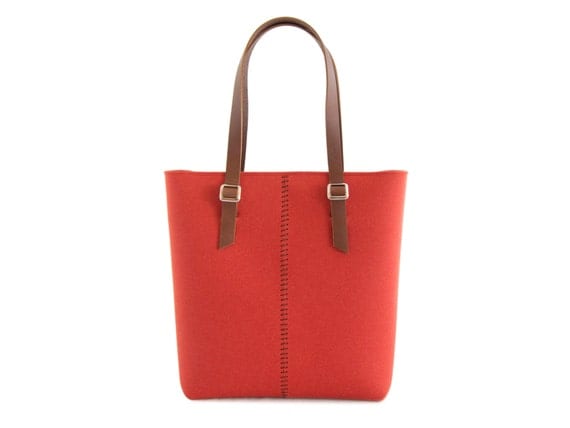 Felt TOTE BAG / leather straps / orange / felt women's bag / 100% wool felt / made in Italy