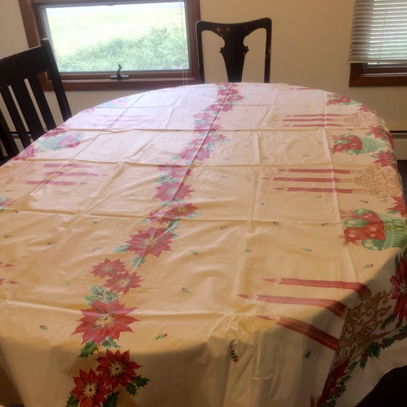Vintage Vinyl Plastic Christmas Tree Tablecloth / Reversible