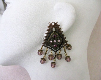 1980's Banana Bob Clip Earrings With Amethyst Glass Crystals