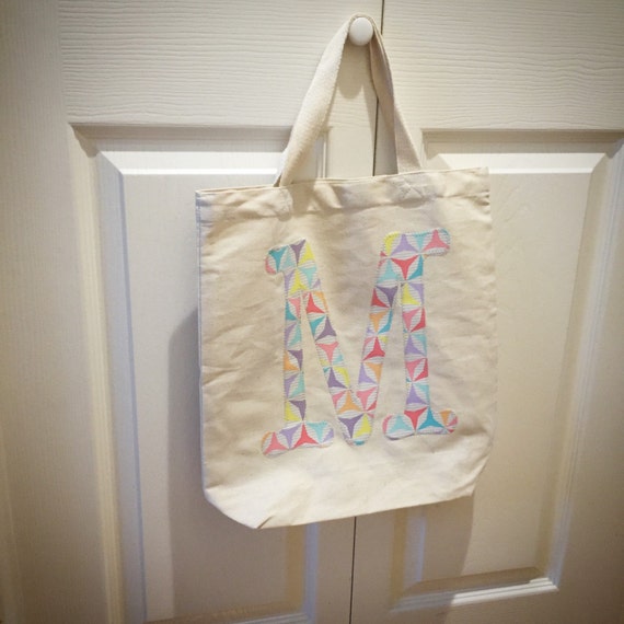 Canvas Tote Bag Personalized with Fabric Initial // Kids Tote