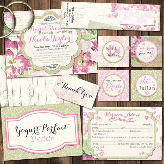 Bridal Shower Shabby Chic Party Pack - Vintage Inspired - Paris, Pinks - Custom, Printable - PREMIUM PACK Il_570xn