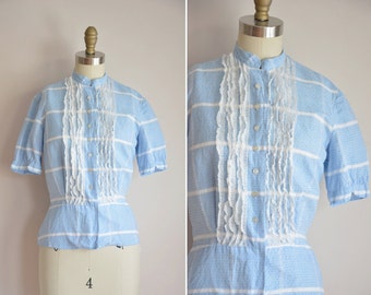 50s Plaid Metro top/ vintage 1950s blouse/ blue plaid ruffle blouse
