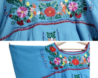 1970 embroidered Mexican Dress / 70s blue mexican dress