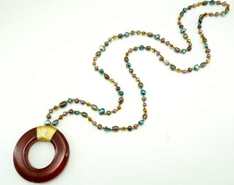 Carnelian pendant with freshwater pearl necklace