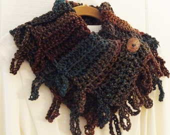 Loopy Fringe Button Cowl Brown Turquoise Blue Rust Crochet Neckwarmer Scarflette Scarf