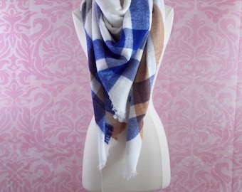 blue and white blanket scarf/plaid scarf/tartan scarf