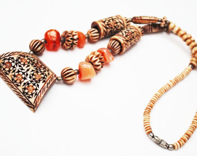 Boho Necklace - Carved Bone,- carnelian jasper gemstone bead - tribal -hippie