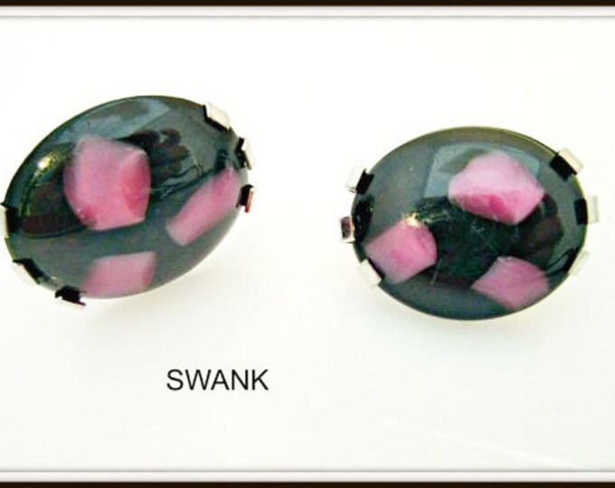 Swank Oval Cufflink of Purple Black glass Cabochons