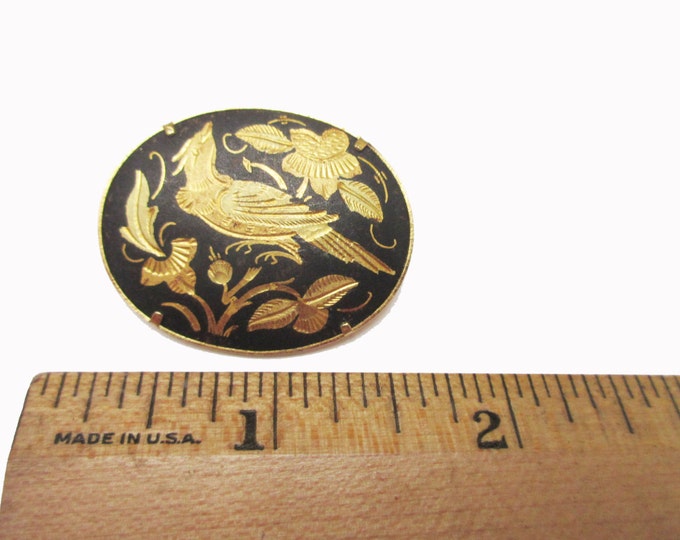 Damascene Bird Brooch - Gold and Black enamel Birds foral pin