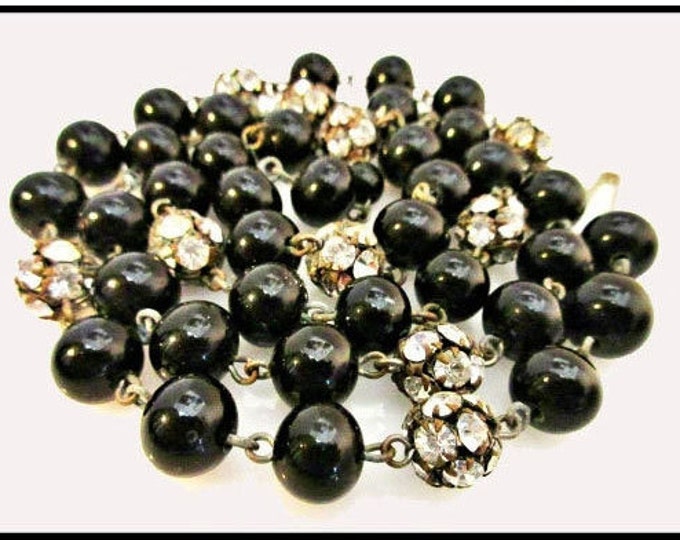 Black Glass bead Necklace - Rhinestone Rondelle - vintage silver crystal beads - 25 inches