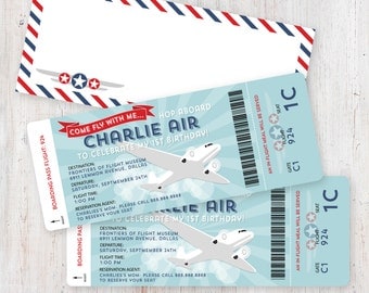 Airplane Birthday Invitation Boarding Pass and Digital Airmail Envelope Template