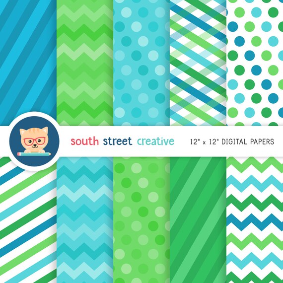 Blue, Green, Chevron, Polka Dots, Stripes, Cute Clipart, Personal & Small Commercial Use, Digital Papers, Instant Download, jpeg Il_570xn
