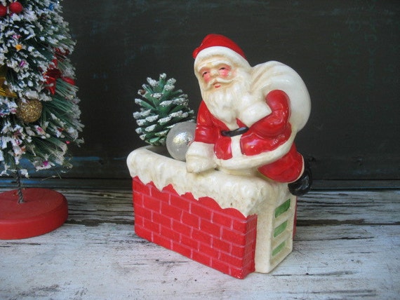 Napco Santa on chimney 1950's Santa Claus planter red