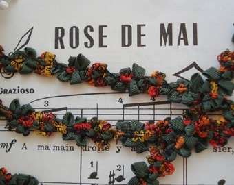 1y Vintage French Green Ombre Rust Yellow Coral Red Rococo Rosette Flower Ribbon Hat Doll Trim Scrapbook Paper Crafting Embellishment France