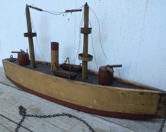 Antique Folk Art Pull Toy Steamship Boat Ocean Liner