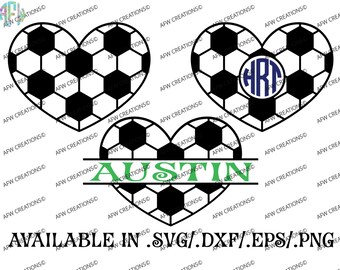 Digital Cut Files, Split & Monogram Soccer Hearts, Football, SVG, DXF, EPS, Sports, Fall, Autumn, Varsity, Silhouette, Cricut, Valentine