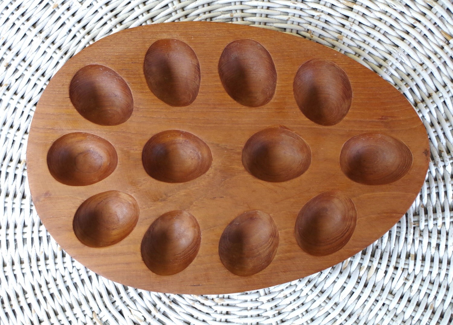 Vintage Mid Century Teak Wood Egg Shaped Egg Tray by Knobler Made in