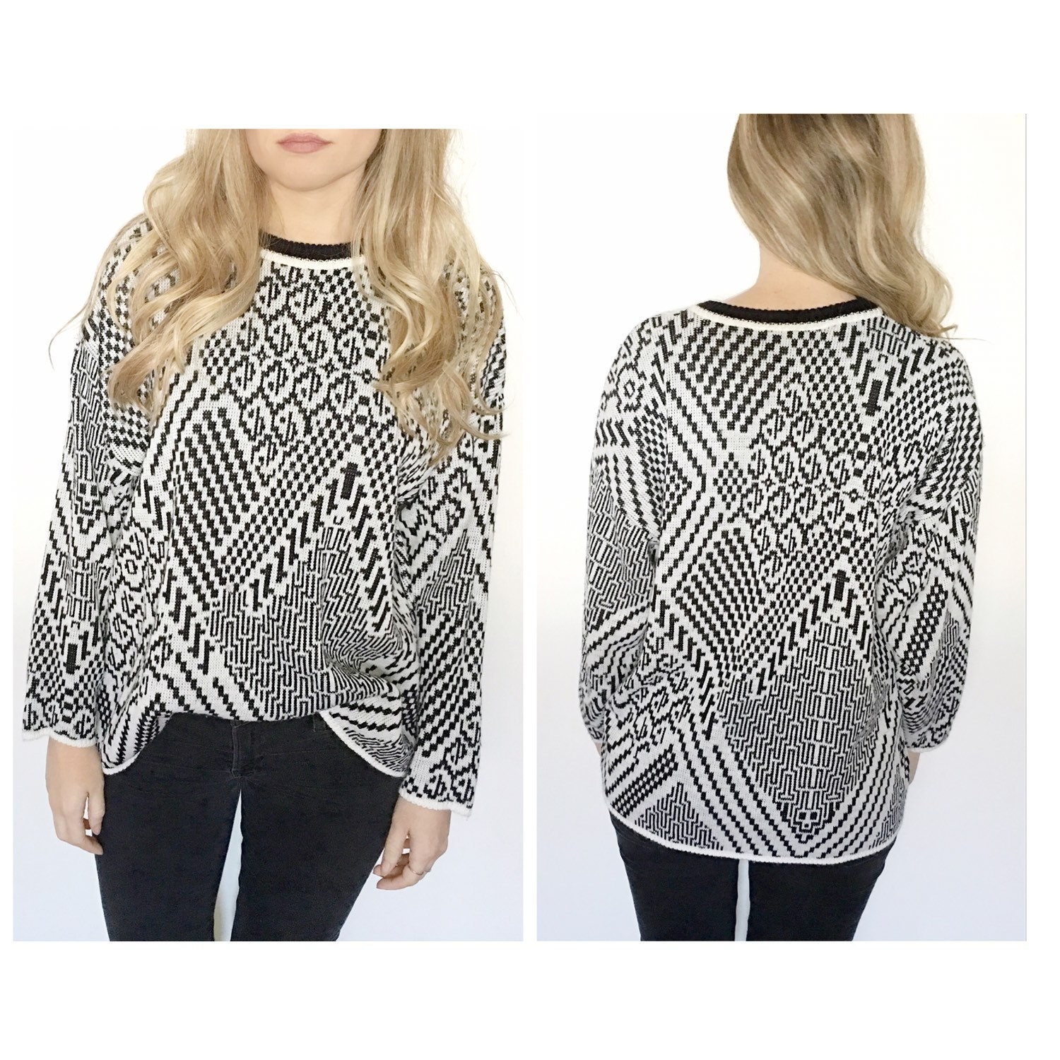Vintage black and white sweater abstract print sweater