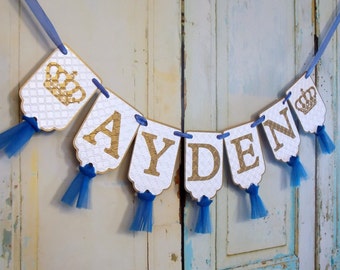 Custom Name Banner with Crowns, White Blue and Gold Banner with Tulle, Prince Birthday Decoration, Royal Prince Baby Shower Banner