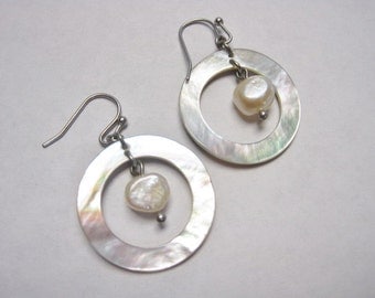 Dangling Pearl Earrings w/ Mother of Pearl Framing