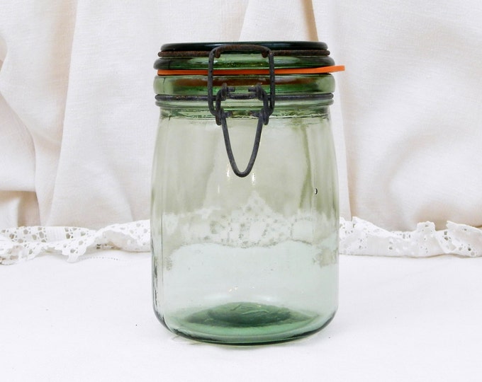 Vintage French Green Glass Canning Jar 0.75 Liter / 0.19 Gallon L'Ideale with New Rubber Seal, French Country Decor, Mason Jar, Preserve