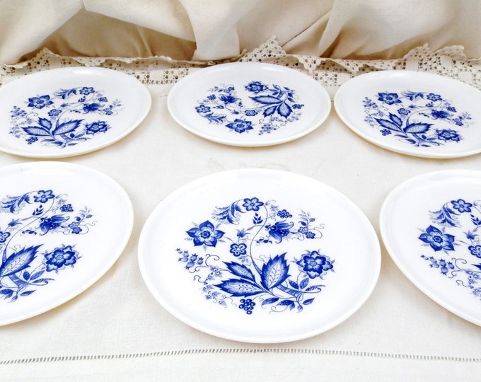 Pair 2 Vintage French White Milk Glass Dessert Plate with Blue Floral Motif, Arcopal Style Retro Home, Mid Century 1960s 1970s Decor