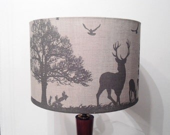 Linen lampshade, gray, drum animals lampshade,