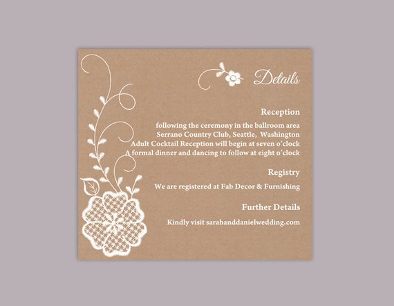 DIY Lace Wedding Details Card Template Editable Word File Download Printable Burlap Vintage White Details Card Floral Rustic Enclosure Card