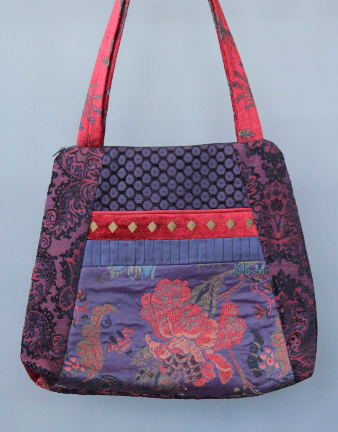Carmen Tapestry Tote Bag in Red and Purple Floral Upholstery Fabric Large