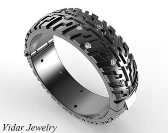 Black Gold Wedding Band Tire Tread Diamonds,Unique Wedding Band,Mens Wedding Band,Hinged Wedding Ring,Mens Wedding Ring,Black Hinge Ring
