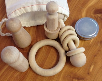 Ready to ship - FREE SHIPPING - Montessori style infant toy bag, organic wood toys, sensory, all natural wood, teething, grasping, rattle,