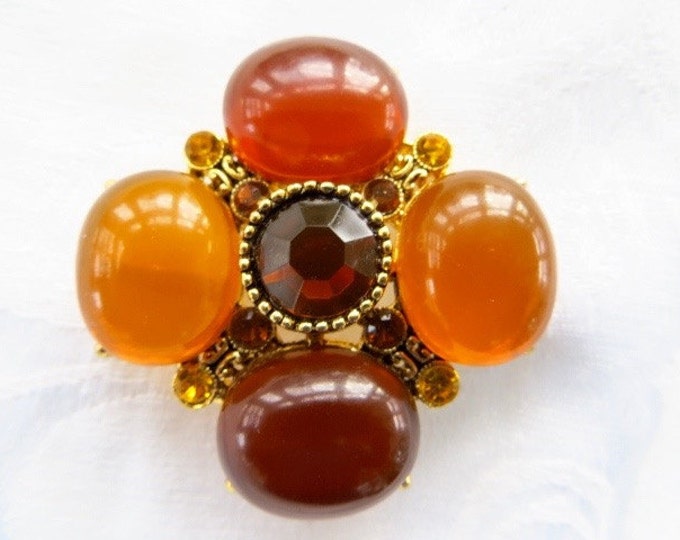 Vintage Maltese Cross Brooch Pendant, Lucite Rhinestone, Amber Malta Cross