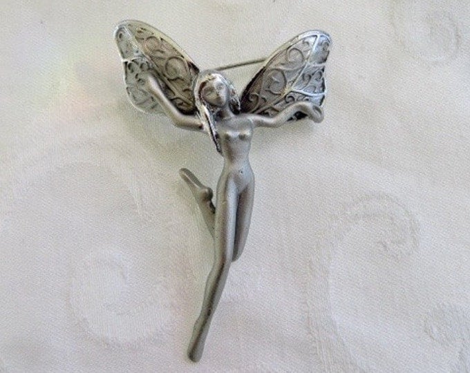 Art Nouveau Fairy Brooch Silvertone Nude Fairy Pin Jewelry 1970s Garden Nymph